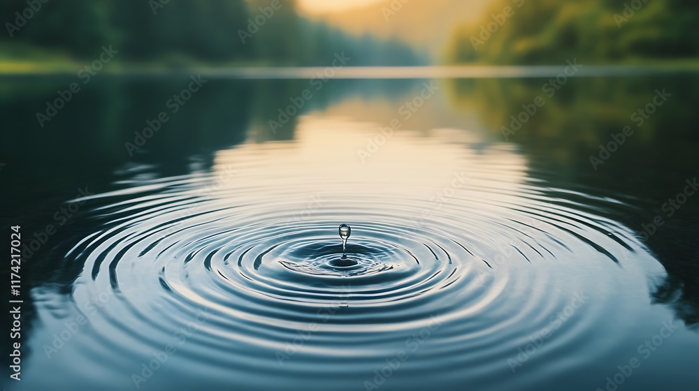 Poster single water drop creating ripples in calm forest lake at sunset in beautiful landscape : generative