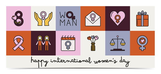 International Women's Day, March 8 banner, greeting card, cover, poster, leaflet with colorful icons on a vibrant background, vector illustration