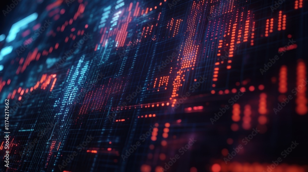 Poster complex data streams flow across a digital display, visualizing global business trends and financial