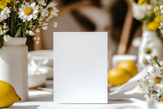 Charming Wedding Card Mockup Surrounded by Vibrant Lemons and Daisies for Perfect Festivity : Generative AI