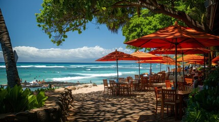 Beachside cafe with orange umbrellas for hospitality and dining promotion
