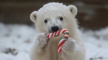 Adorable polar bear cub enjoying a candy cane in the snow.