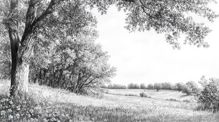 Serene Landscape Drawing of Trees and Fields