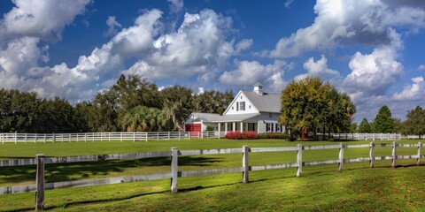 Obraz premium White Farmhouse with a White Fence and Blue Sky
