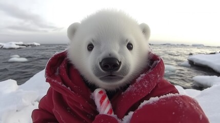 Adorable polar bear cub in red coat, holding candy cane.