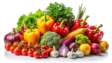 Colorful, ripe produce shines in this vivid vegetable still life photograph.  A feast for the eyes.