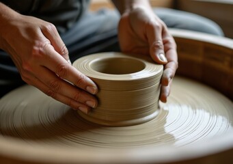 Crafting a clay pot on a pottery wheel in a serene workshop setting