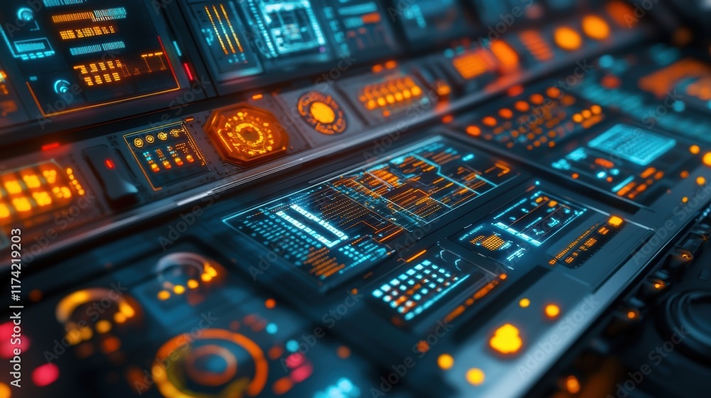 Aufkleber futuristic control panel featuring complex data and glowing orange and blue lights, creating a sophi