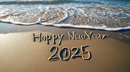 Fototapeta premium Happy New Year 2025 written in the sand on a beach with an ocean wave. Ideal for new year greetings, social media posts, and travel blogs.
