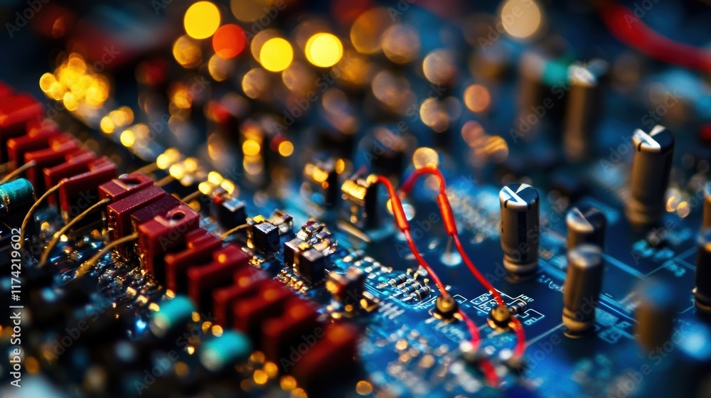 Poster close up view of an electronic circuit board highlighting various components, connections, and bokeh