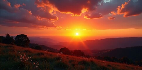 Obraz premium Setting sun sinks slowly in the horizon, casting a warm golden glow over the evening sky, twilight, silhouette