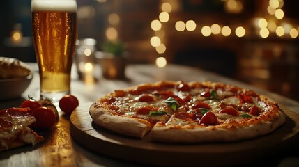 Delicious pizza with beer on wooden table. generative ai