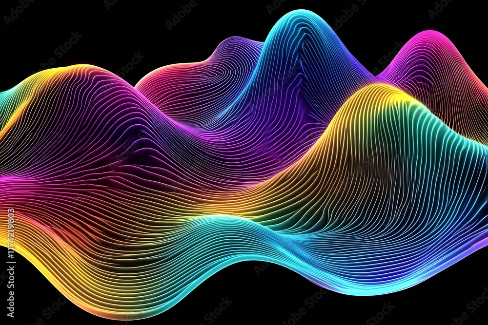 Poster colorful abstract waves with vibrant geometric lines on black background : generative ai