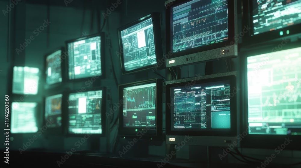 Poster several computer monitors display complex data and information, glowing with a green hue in a dimly 