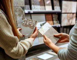 Two women evaluate different tile samples while discussing their design choices in a materials showroom