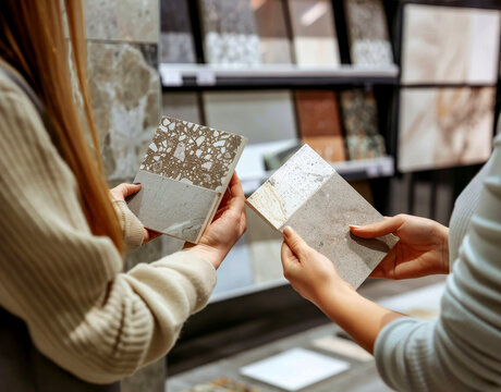 Two women evaluate different tile samples while discussing their design choices in a materials showroom