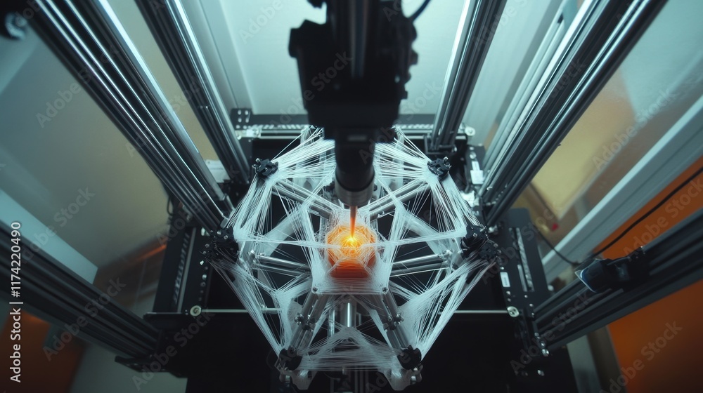 Poster modern 3d printer is meticulously constructing complex geometric design using glowing orange filamen