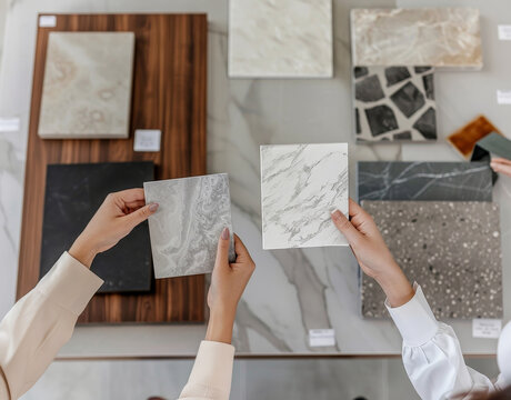 Two women are presenting various stone samples while engaging in material selection at a design showroom during the daytime