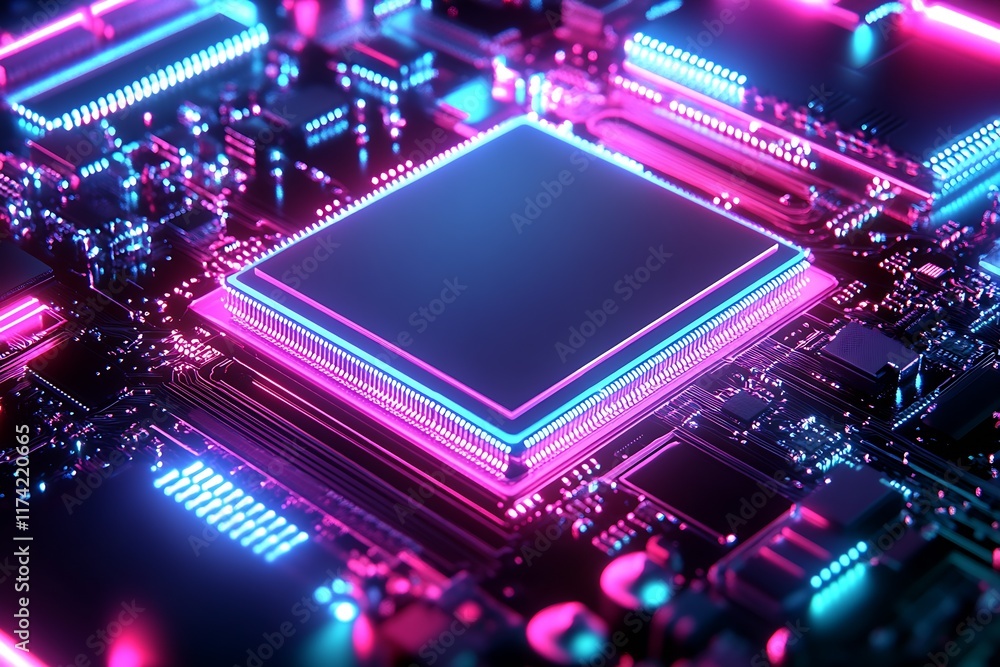 Poster futuristic microchip with neon lights reflecting technological advancement and innovation : generati