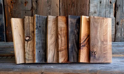 Multiple types of wood samples arranged on a rustic table for easy selection and comparison
