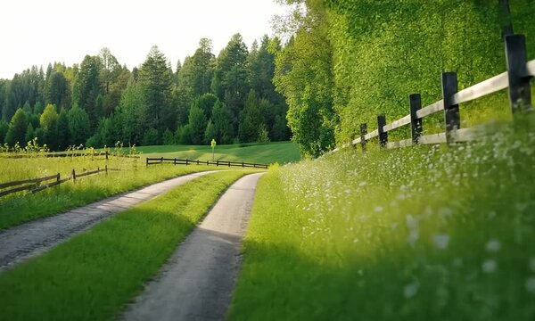 Serene pathway lined with flowers and greenery.