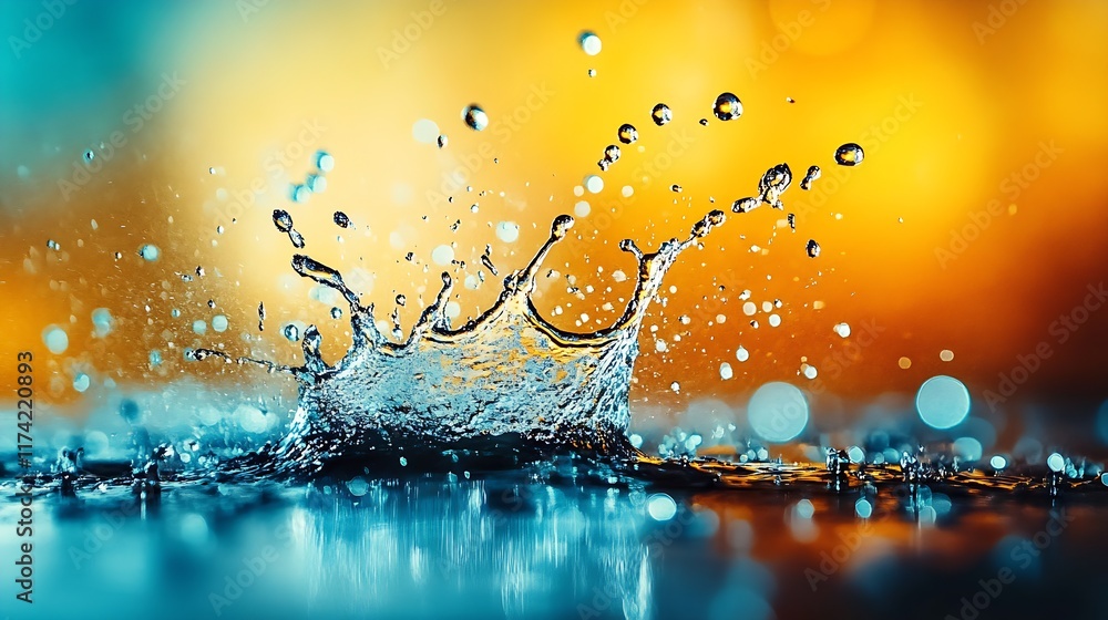 Poster stunning visual of water splash frozen in air with a captivating blue and orange bokeh background : 