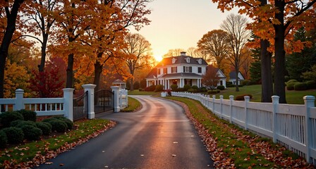 Opulent Homes on Sprawling Acreage: Winding Gated Road with White Fence at Sunset.