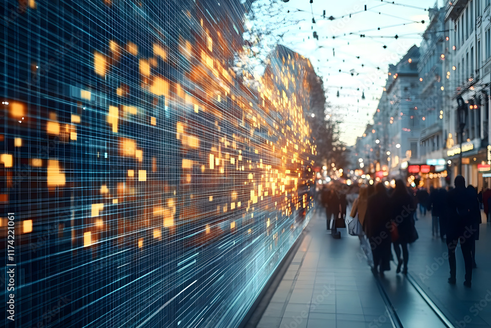 Poster a dynamic digital data flow illustrated over a bustling street, symbolizing the intersection of tech
