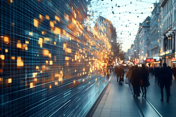 A dynamic digital data flow illustrated over a bustling street, symbolizing the intersection of technology and urban life in a connected global world.