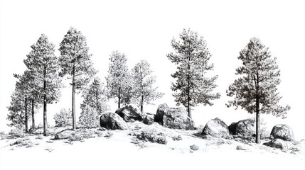 Majestic Pines Stand Tall Amongst Snowy Rocks