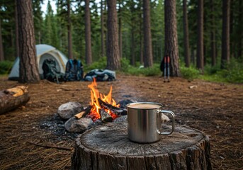 Campsite with Campfire, Tent, and Coffee Mug