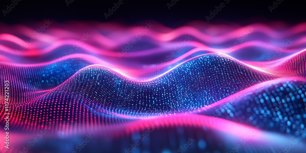 Poster abstract digital art with pink and blue holographic wave patterns : generative ai