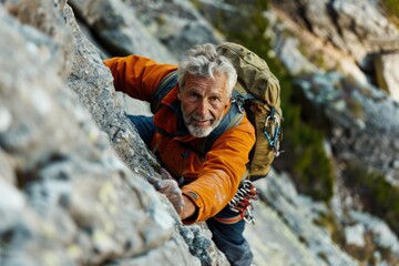 High Quality Image of Older Man Rock Climbing with Safety Gear on Mountain
