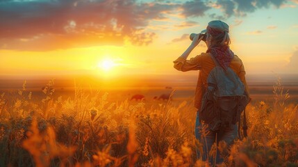 Fototapeta premium A person enjoying a sunset in a field, capturing the moment with binoculars.