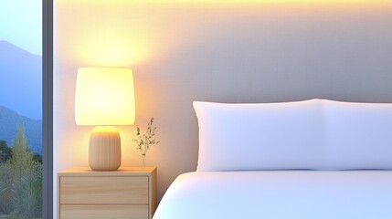 Scandinavian Provence Style Bedroom with Wooden Bedside Cabinet and Lamp and Fabric Headboard near Window