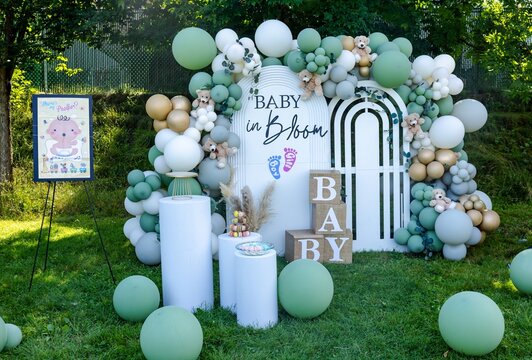 Baby Shower Theme background design with balloons with Pink and Blue baby foot - shoe shaped banner saying Boy or Girl. Gender Reveal Party