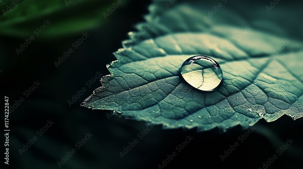 Poster Mesmerizing Macro Shot of Round Water Droplet on Leaf with Intricate Surface Details : Generative AI