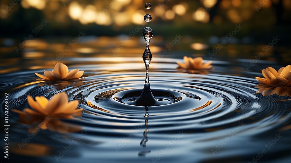 Aufkleber golden ripples with water drop and floating lotus flowers at sunset creating calming ambiance : gene