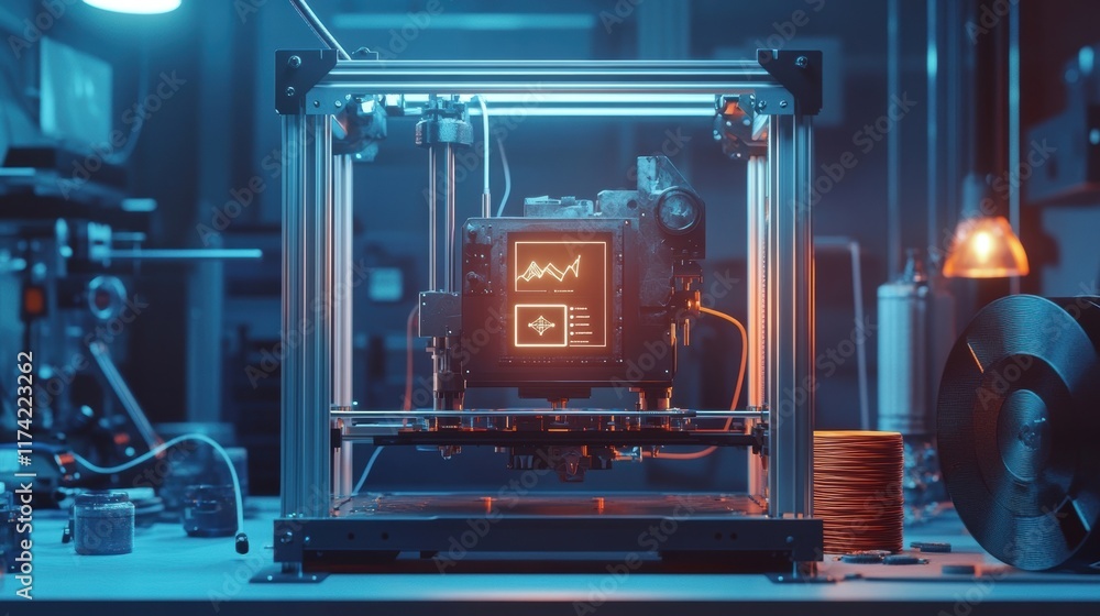 Poster modern 3d printer producing a futuristic device with an integrated display showing a positive growth