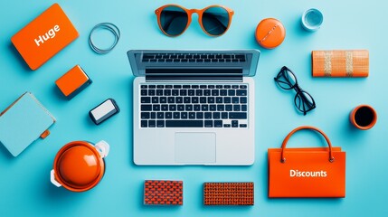 Array of tech gadgets, Huge Discounts tags, dynamic layout, e-commerce vibe