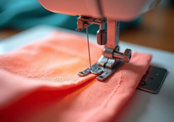 Sewing machine stitching a vibrant fabric piece in a cozy crafting space
