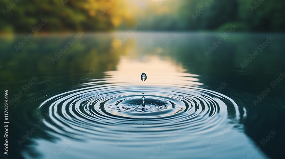 Poster Calm lake with singular water droplet creating ripples reflecting trees in serene morning light : Generative AI