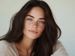 Naklejka premium A woman with brown hair and blue eyes is smiling at the camera