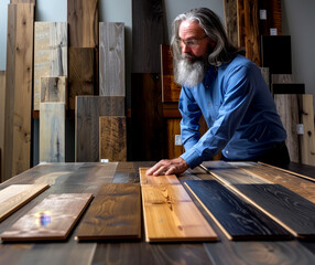 Michael Kula examines various wood samples in a design studio dedicated to showcasing quality materials and craftsmanship for projects