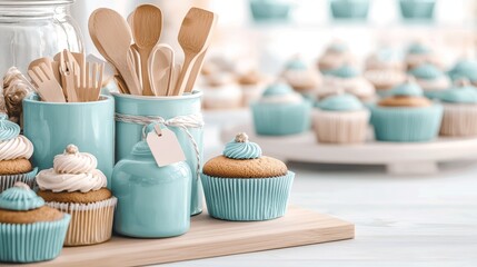 Baking tools with promotional price tags, cheerful and vibrant setup