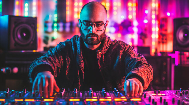 The image shows a person wearing a jacket, standing in front of a DJ mixer with colorful neon lights in the background