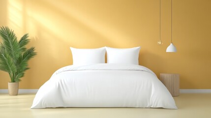 Modern Scandinavian Bedroom with White Bedding and Greenery Accents