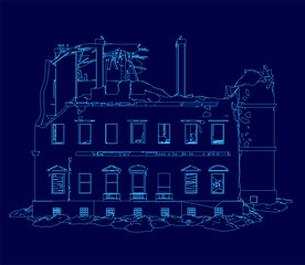 Blue drawing of a building with a lot of windows. The building appears to be in ruins, with a lot of damage