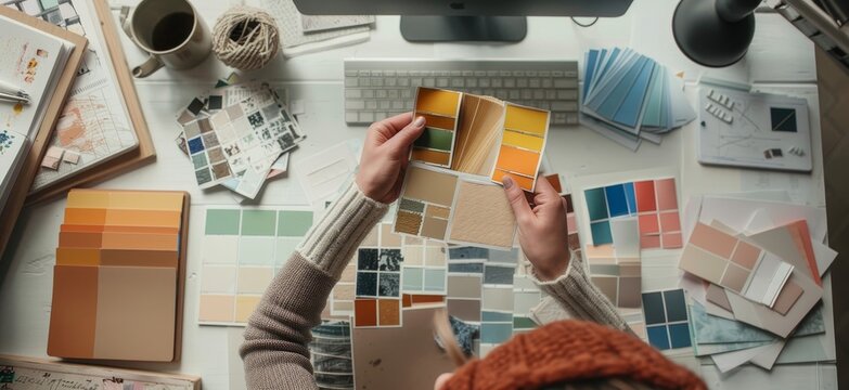 A designer and customer review color samples at a workspace, discussing choices for an upcoming interior design project in detail