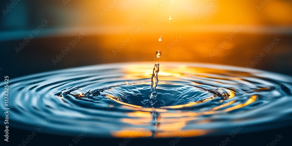 Poster mesmerizing water drop splash with sunset reflections : generative ai